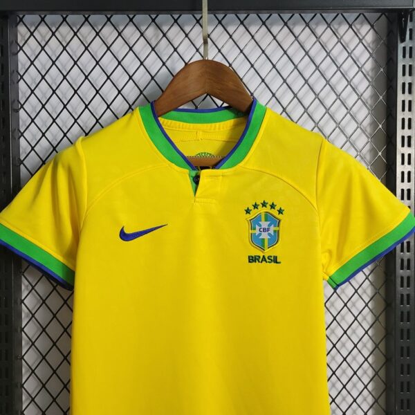 Brazil 2022 World Cup Home Kids Jersey And Shorts Kit - Image 4