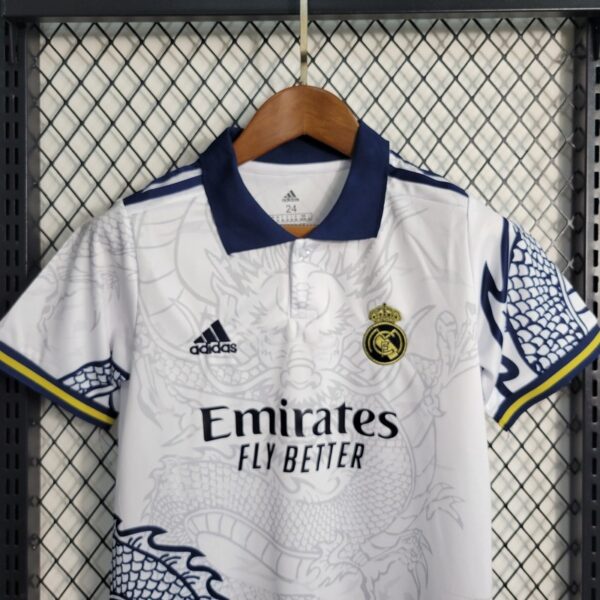 Real Madrid 2022/23 White Dragon Edition Kids Jersey And Shorts Kit - Image 2