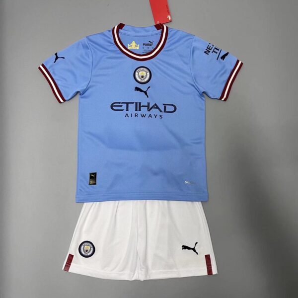 Manchester City 2022/23 Home Kids Jersey And Shorts Kit - Image 4
